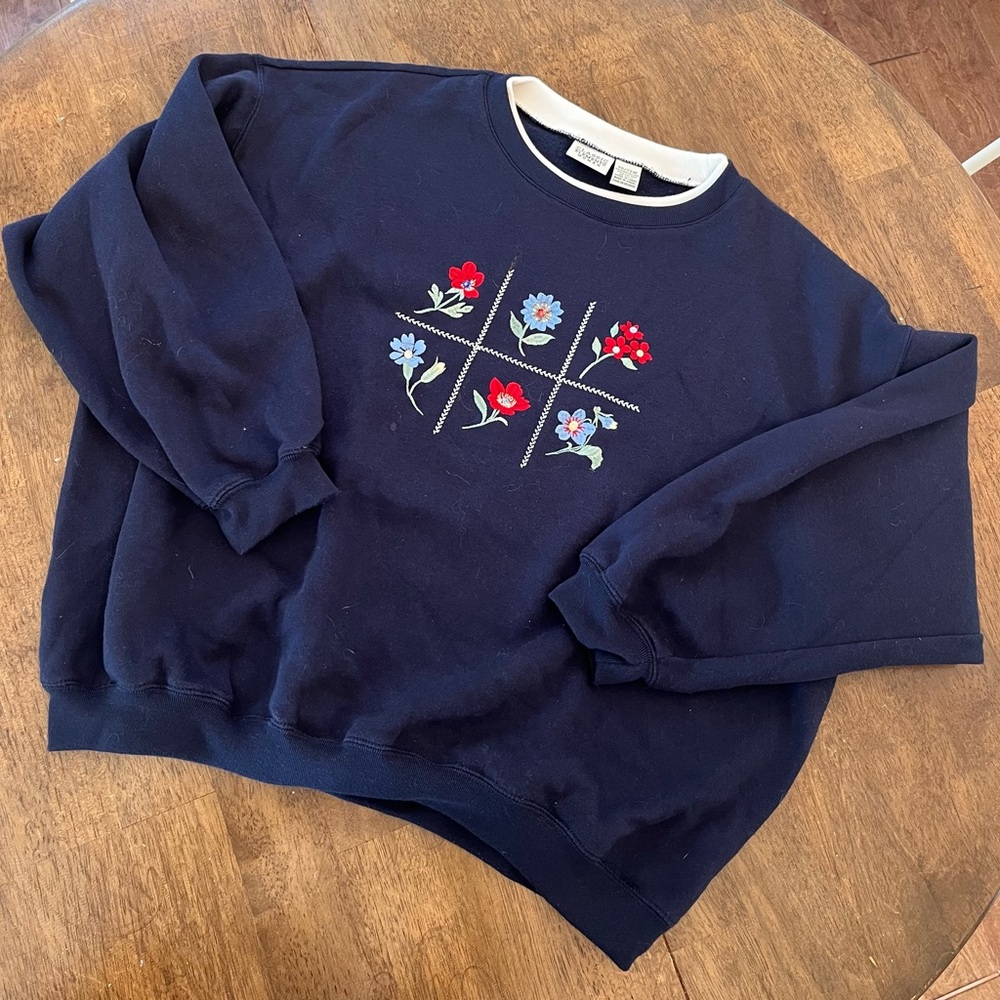 vintage Navy Blue Floral Embroidered women’s crewneck Sweater